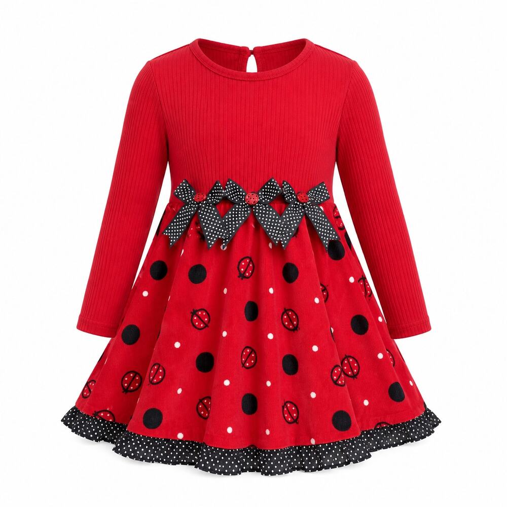 Rare Editions Girls Ladybug Dress Red Black Polka Dot 4T